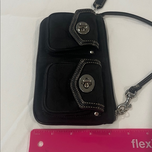 COACH Signature double Legacy TurnLock Wristlet Wallet w/ Fob Tag black logo EUC - Picture 13 of 13